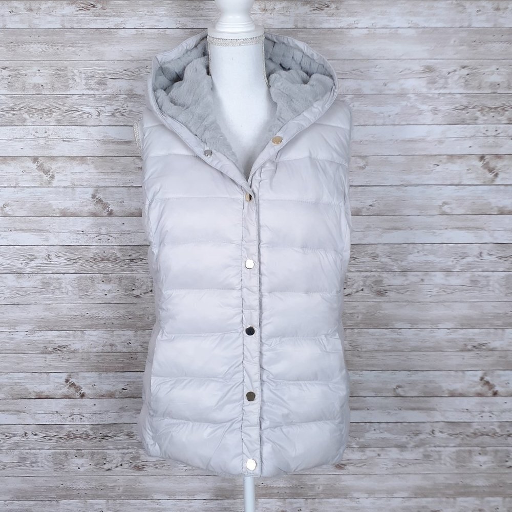 Charter Club Plush Reversible Puffer Vest L Hooded Dove Gray Fall A